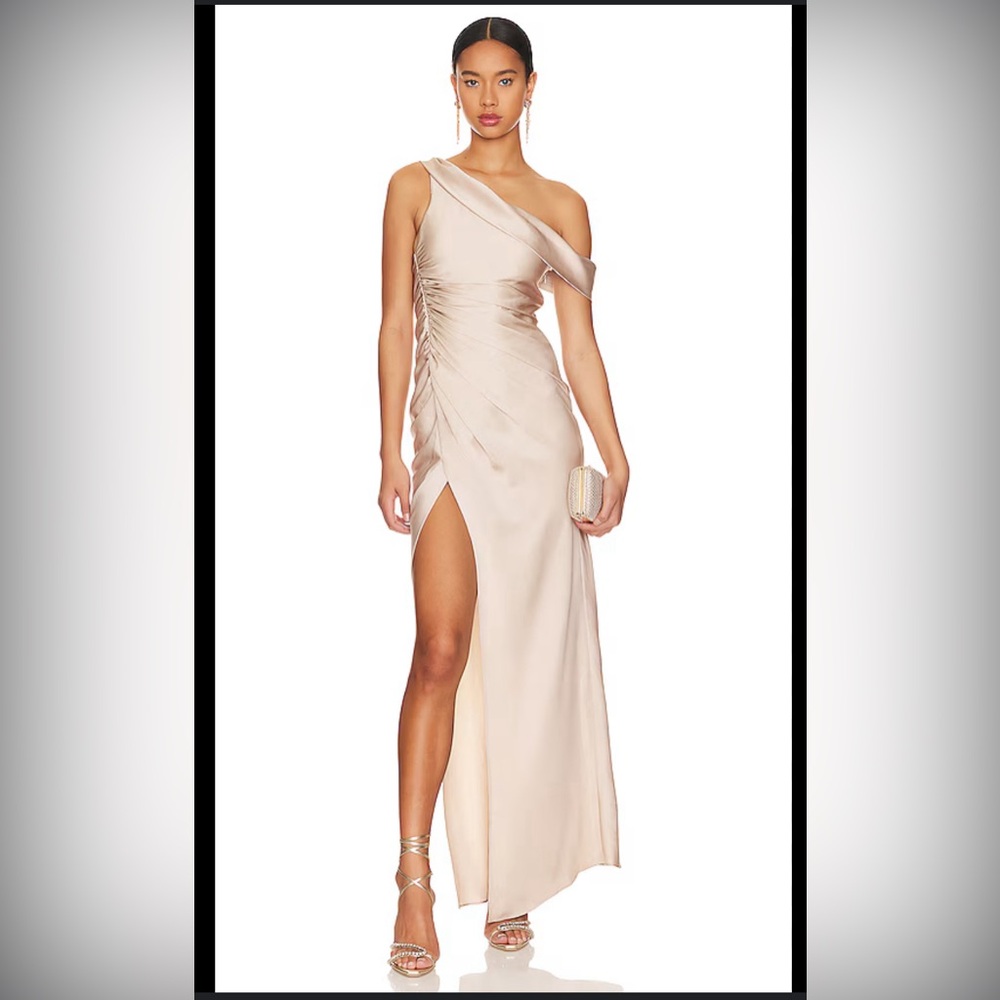 Jonathan Simkhai One-Shoulder Ruched Satin Gown in Taupe - Picture 2 of 7